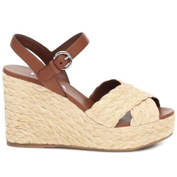 Prada Crisscross Raffia Wedge High Heel Sandal Beige EU 37 - Picture 1 of 7
